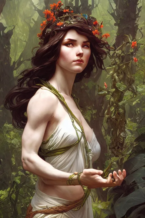 Image similar to goddess of nature, accurate anatomy, only two hands, highly detailed, digital painting, artstation, concept art, smooth, sharp focus, illustration, Unreal Engine 5, 8K, art by artgerm and greg rutkowski and edgar maxence and alphonse Mucha