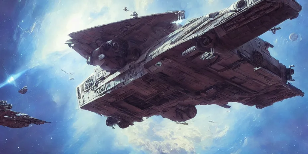 Prompt: a highly detailed epic cinematic concept art CG render digital painting artwork: Soviet dieselpunk Millenium Falcon in space. By Greg Rutkowski, Ilya Kuvshinov, WLOP, Stanley Artgerm Lau, Ruan Jia and Fenghua Zhong, trending on ArtStation, subtle muted cinematic colors, made in Maya, Blender and Photoshop, octane render, excellent composition, cinematic atmosphere, dynamic dramatic cinematic lighting, precise correct anatomy, aesthetic, very inspirational, arthouse