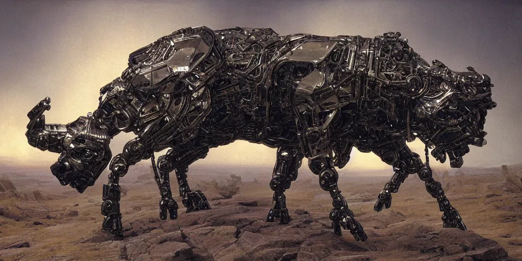 Prompt: angry, screaming cybernetic metallic chrome bison, made of neon light, volumetric lighting, by caspar david friedrich and wayne barlowe and ted nasmith