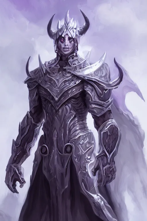 Image similar to human male demon, full body white purple cloak, hero, heavy scale armor, character concept art, costume design, black eyes, white horns, trending on artstation, Artgerm , WLOP