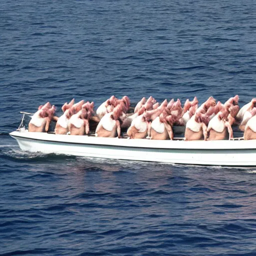 Prompt: photo, a large group of pigs in white sailor costumes sailing on a classic white yacht