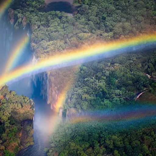 Prompt: a stunning areal photo of victoria falls zambia zimbabwe early morning mist thousands of colorful tropical birds formation sunrise rainbow award winning photo, 1 0 0 mm lens, f 2. 8, low contrast hdr filter