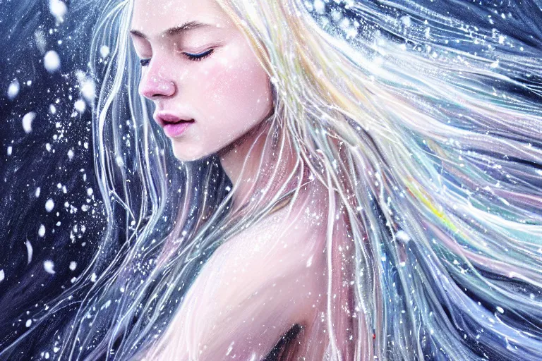 Image similar to highly detailed portrait of a beautiful girl running in snow with wet blonde hair and pale face, swirling wispy tendrils, bright scattered rainbow-colored particles, fantasy, intricate, elegant, dramatic lighting, emotionally evoking symbolic metaphor, highly detailed, lifelike, photorealistic, digital painting, artstation, concept art, smooth, sharp focus, illustration, art by John Collier and Albert Aublet and Krenz Cushart and Artem Demura and Alphonse Mucha