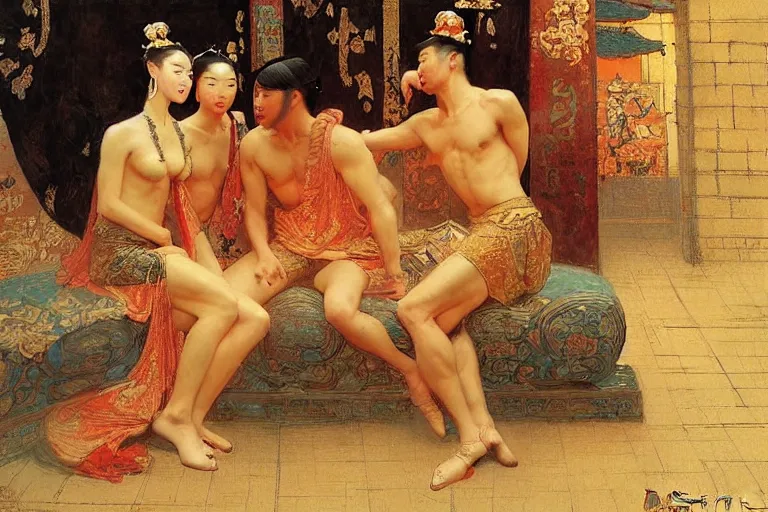 Image similar to ancient tang dynasty, painting by gaston bussiere, craig mullins, j. c. leyendecker, tom of finland