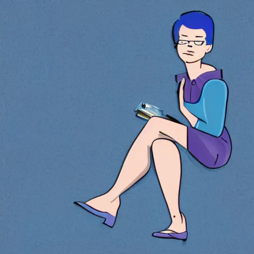 Image similar to short blue haired woman, sitting in tile bathroom, american pop animation style