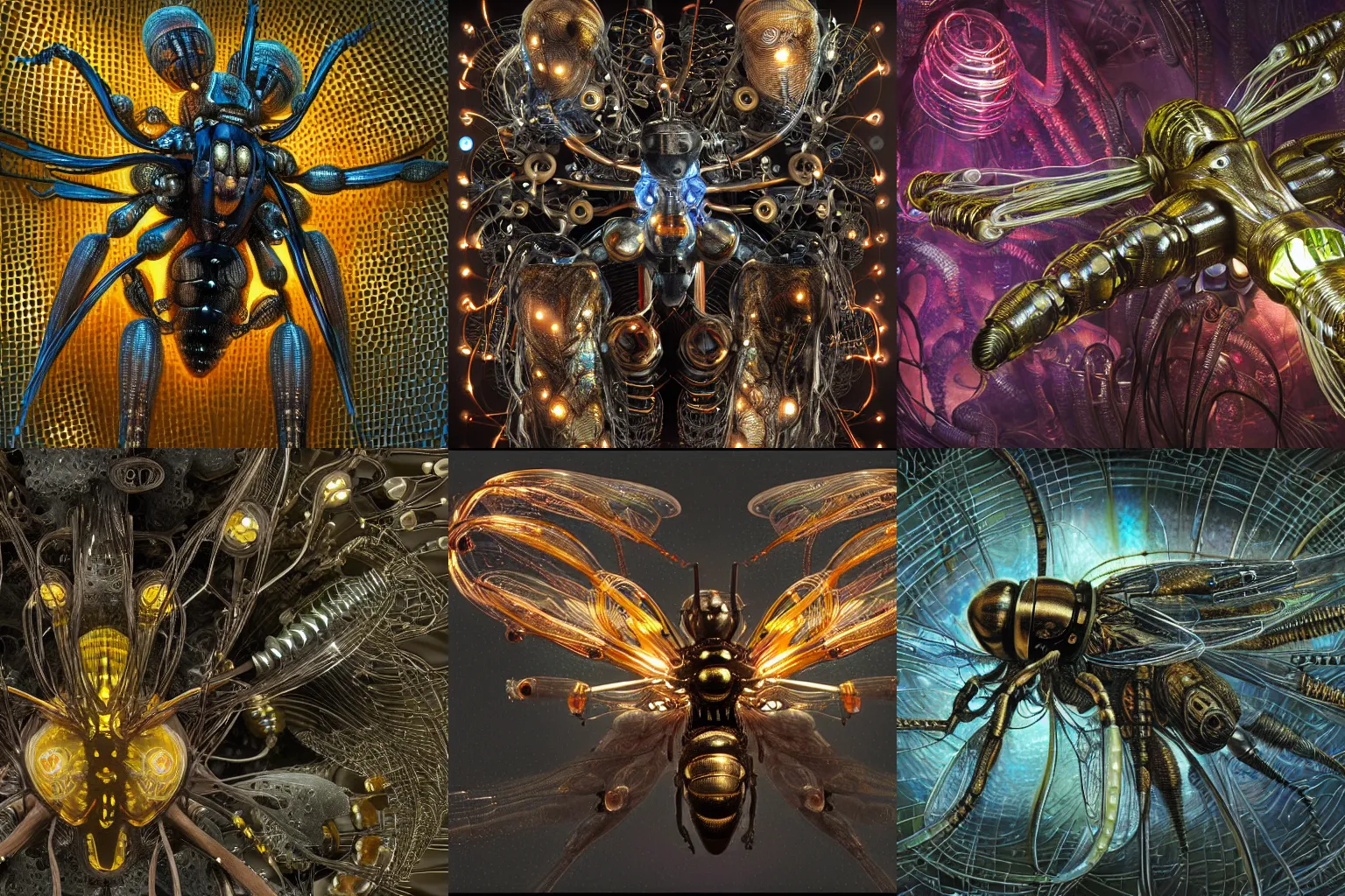 Prompt: 3D render of intricate wasp, biopunk cyborg wasp, shiny textured plastic shell, hinged titanium legs, wires, pinned joints, glowing LEDs, cables, antennae, circuitry, chips, capacitors, dramatic lighting, highly detailed digital painting by H.R. Giger and WLOP and Ernst Haeckel, background natural flower, foliage, octane engine render 8k HDR