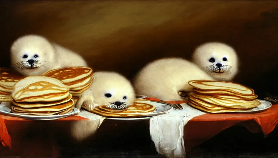 Prompt: highly detailed painting of cute furry white baby seals in a large pile of many pancakes on a table by william turner, by greg rutkowski, by william constable, thick brush strokes and visible paint layers, 4 k resolution