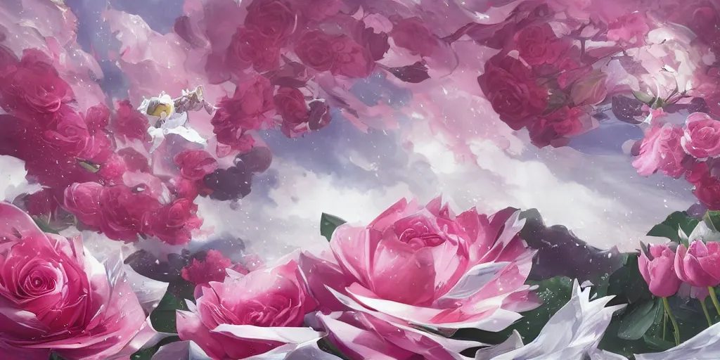 Image similar to background art of flying longswords flowing slicing through a bouquet of white and pink roses, big puffy clouds, sharp rain, large rose petals, lotus petals, large polygonal background elements, large polygons, dramatic anime, dramatic lighting, artgerm, manga, trending on artstation, art nouveau, mature colors