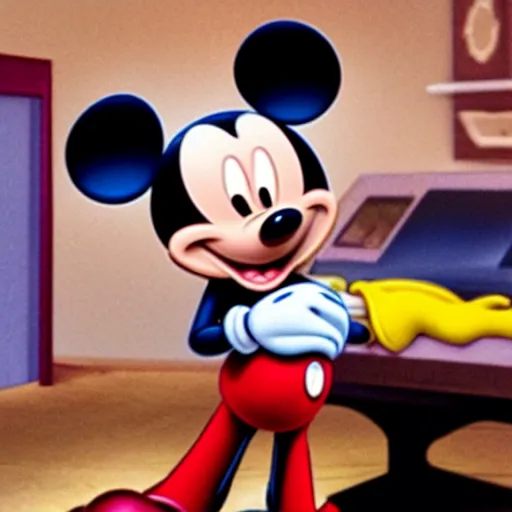 Image similar to Mickey Mouse coming to collect a debt, screenshot from a horror movie