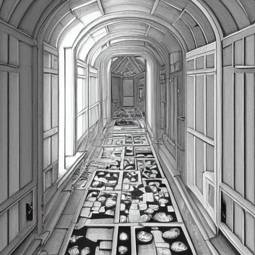 Image similar to a bright white hallway with many doors and stairs full of fungus and mushrooms and rot, Mc Escher architecture, decay, artstation