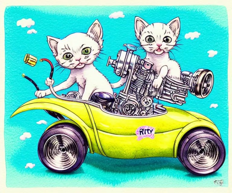 Image similar to cute and funny, kitten wearing a helmet riding in a tiny hot rod with oversized engine, ratfink style by ed roth, centered award winning watercolor pen illustration, isometric illustration by chihiro iwasaki, edited by range murata, tiny details by artgerm and watercolor girl, symmetrically isometrically centered