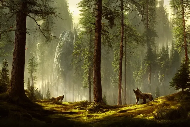 Prompt: two wolves in the forest, beautiful dynamic lighting, cinematic, wide angle establishing shot, extremely high detail, cinematic lighting, post processed, concept art, artstation, matte painting, style by frederic church, raphael lacoste