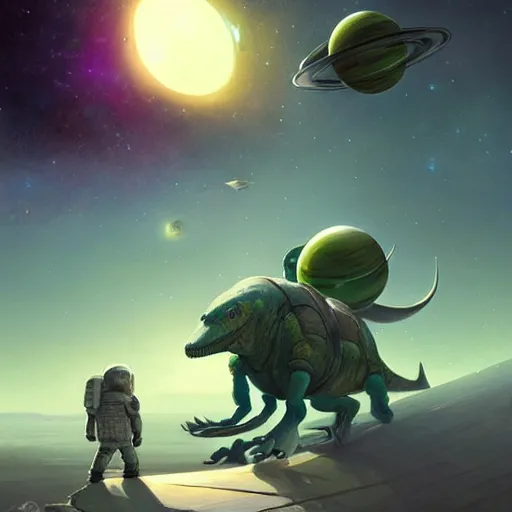 Image similar to Astronauts and green aliens are riding some dinosaurs, they are floating over the rings of a gas planet, the star of the planetary system is as background, by Jordan Grimmer digital art, trending on Artstation,