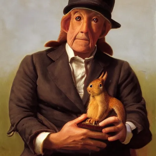 Prompt: a man with squirrel features with a hand puppet, by Alex Horley