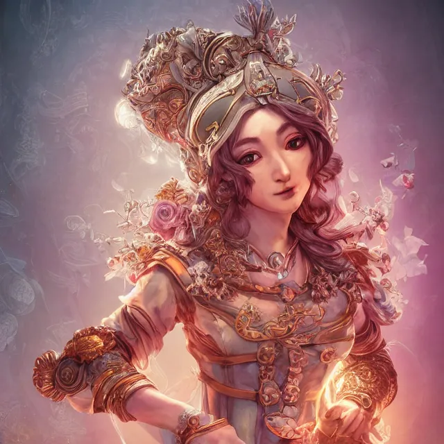 Prompt: studio portrait of neutral good colorful female cleric bard healer as absurdly beautiful, gorgeous, elegant, young woman, an ultrafine hyperdetailed illustration by kim jung gi, irakli nadar, intricate linework, sharp focus, bright colors, octopath traveler, final fantasy, unreal engine 5 highly rendered, global illumination, radiant light, detailed and intricate environment