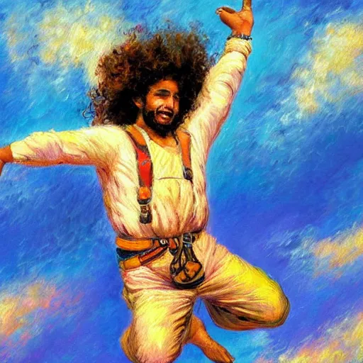 Prompt: egyptian man with curly hair, skydiving without a parachute, pastel clouds, impressionist painting, figurative painting, intricate details, happy