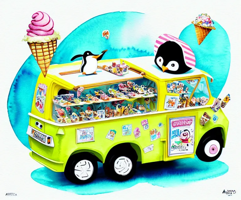 Image similar to cute and funny, penguin riding in a tiny ice cream truck, ratfink style by ed roth, centered award winning watercolor pen illustration, isometric illustration by chihiro iwasaki, edited by range murata, tiny details by artgerm and watercolor girl, symmetrically isometrically centered, sharply focused