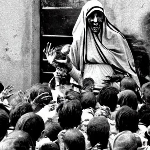 Prompt: zombie mother teresa giving food out at an orphanage