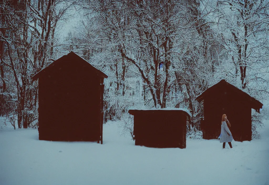 Image similar to lomo photo of a female silhouette standing in front of a wooden cottage in the snow, cinestill, bokeh, out of focus, day, dramatic lighting