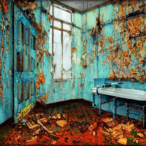 Prompt: Grungey toilet filled with pad Thai, brown sauce, in derelict abandoned bathroom, Vibrant colors, irrdescent glow, Tonalism Painting by Ayami Kojima,