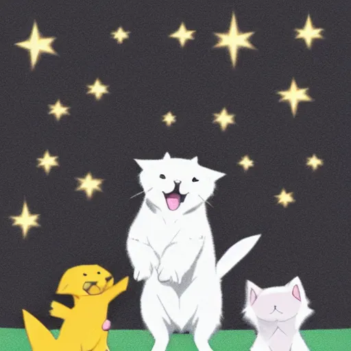 Image similar to golden retriever high fiving 3 gray and white cats in pokemon art style