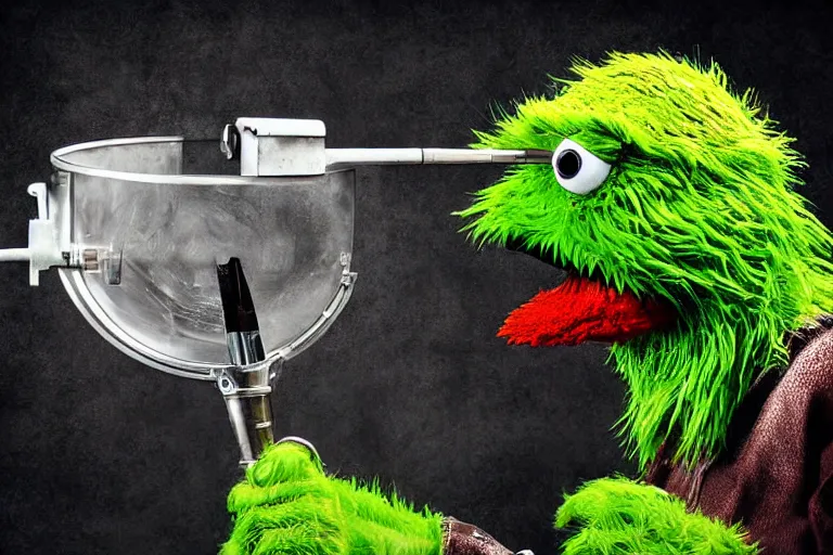 Prompt: A film photograph Oscar The Grouch trepanning himself, photorealistic imagery, 8k quality