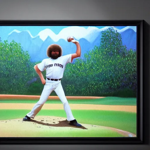 Image similar to a closeup photorealistic photograph of bob ross painting an image of kenny powers pitching a baseball on a canvas. mountains and trees. film still. brightly lit scene. this 4 k hd image is trending on artstation, featured on behance, well - rendered, extra crisp, features intricate detail, epic composition and the style of unreal engine.