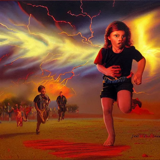 Image similar to a running child surrounded covered, lightning, vapor, mist, smoke, blood drops, fire, a highly detailed matte painting by John Philip Falter and Jason Edmiston