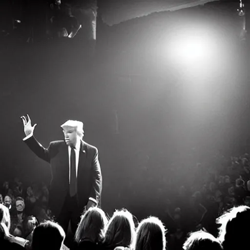 Image similar to a photo of donald trump on stage as the lead singer in a norwegian black metal band, small stage, large crowd, volumetric lighting, hyper realistic, ultra detailed, 2 8 mm lens