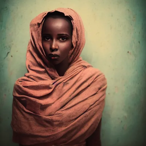 Image similar to studio photography, portrait photo, somalia, vintage, somali woman, beautiful, dreamy, studio ghibli, pastel, highly detailed, happy