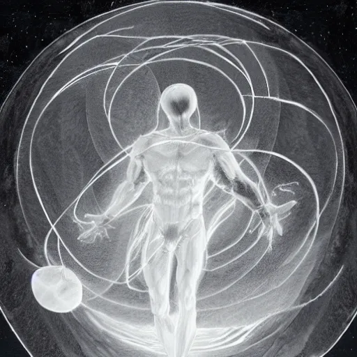 Image similar to sketch of an omnipotent figure inside a void creating new worlds in the shape of white glowing spheres, astonishing detail
