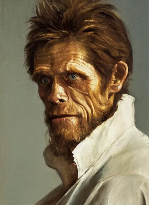 Image similar to portrait painting of willem dafoe with stubble, renaissance oil painting, studious chiaroscuro