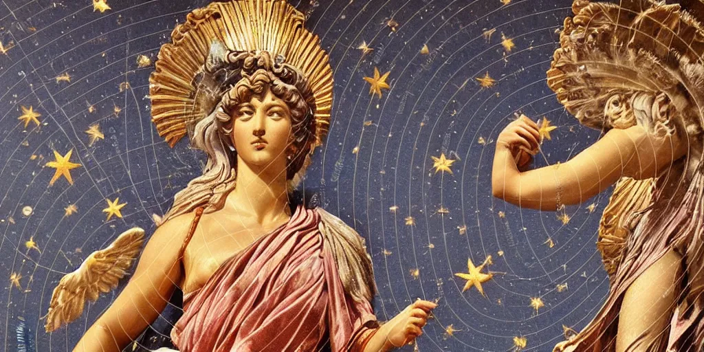 Prompt: majestic neorococo sistina saint Woman Venus godness Athena beautiful gracious pagans marble and gold in space stars clouds doves suns greeks Hyperion