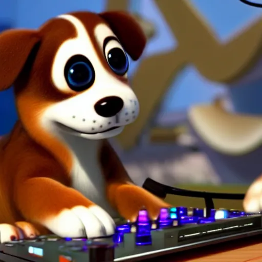 Prompt: puppy as a happy DJ, 8k, by Pixar