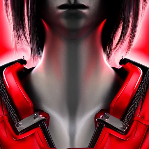 Image similar to realistic digital artwork of cyberpunk female wearing thick leather and steel collar, 4K, red highlights, symmetrical,