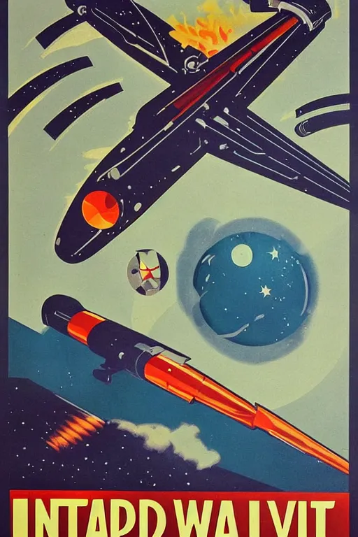 Prompt: propaganda poster of intergalactic war, 1 9 5 0 s style, futuristic design, dark, symmetrical, washed out color, centered, art deco, 1 9 5 0's futuristic, glowing highlights, intense