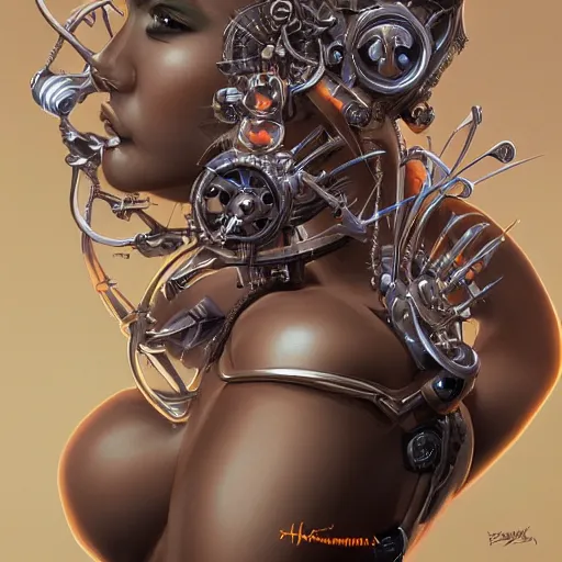 Image similar to Portrait of Lady Mechanika, intricate upper body, highly detailed, digital painting, artstation, concept art, smooth, sharp focus, illustration, art by Hajime Sorayama