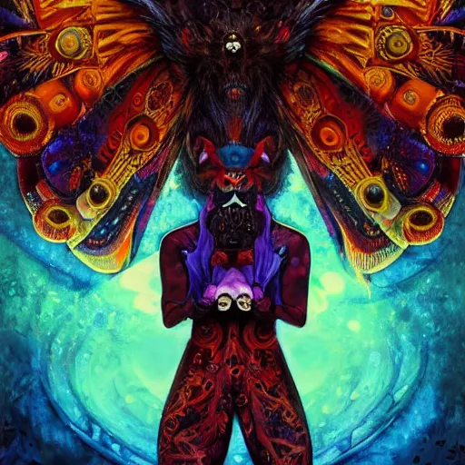 Image similar to 8K centered headshot Portrait of a psychedelic godlike mothman posing with a cigar with giant mandala wings smoking a hand-rolled cigarette smoking heavily , magic mushroom village in background , post-processing , award winning. superb resolution. in the art style of Satoshi Kon and Greg Rutkowski , Detailed Mushroom city in background , Hyper realistic anime , Perfect art , Dalle2