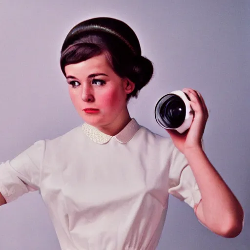 Image similar to a vintage 1 9 6 0 s kodachrome slide of a portrait of a young lady posing in a photographer's studio. she is wearing a white - collared dress in the fashion of the 1 9 6 0 s.