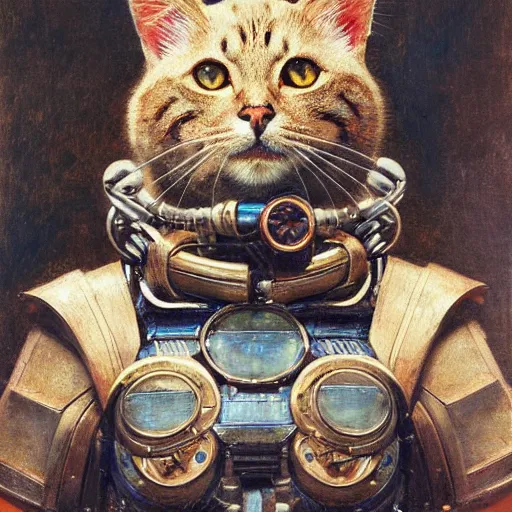 Image similar to highly detailed portrait of an humanoid robotic cat mecha, painting by gaston bussiere, craig mullins, j. c. leyendecker, lights, art by ernst haeckel, john william godward, hammershøi,