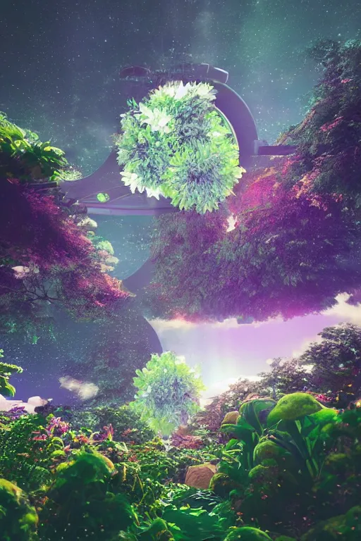 Image similar to multi level botanical garden spaceship floating in space, calm, tranquil, faded effect, detailed, vaporwave colors, render by substance designer