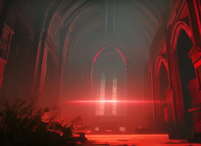 Image similar to ancient church with red shafts of light in destiny 2, foggy, liminal, dark, dystopian, beautiful architecture, abandoned, highly detailed 4 k 6 0 fps in - game destiny 2 gameplay screenshot leak