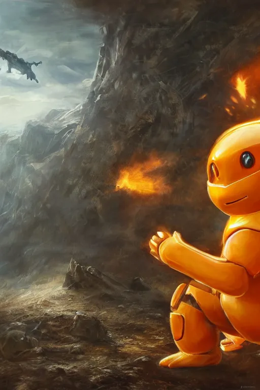 Prompt: charmander playing as master chief, oil on canvas, intricate, 8 k highly professionally detailed, hdr, cgsociety