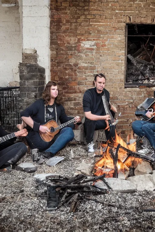 Image similar to Four stalkers sit with guitars by the fire near an abandoned brick house