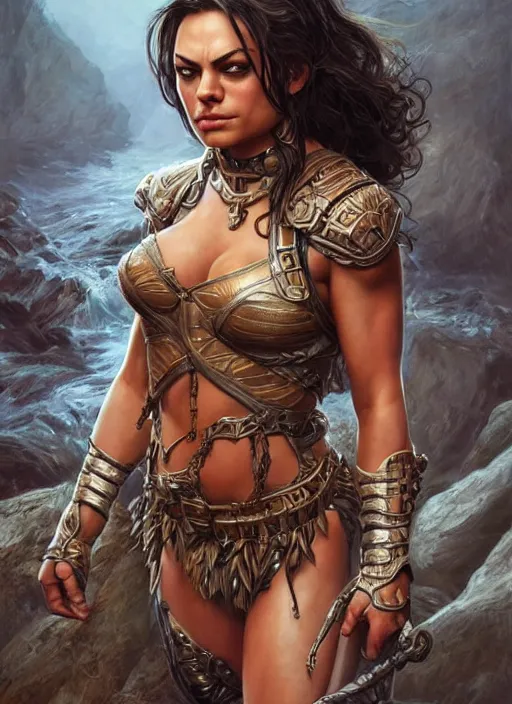 Image similar to Mila Kunis as a very muscled rugged looking Amazon, intricate, elegant, highly detailed, centered, digital painting, artstation, concept art, smooth, sharp focus, illustration, art by artgerm and donato giancola and Joseph Christian Leyendecker, WLOP