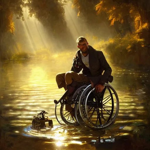Prompt: handsome portrait of a wheelchair guy fitness posing, radiant light, caustics, war hero, smooth, one legged amputee, reflective water koi pond, sunbeams, by gaston bussiere, bayard wu, greg rutkowski, giger, maxim verehin
