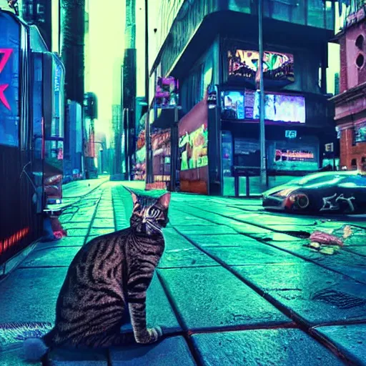 Prompt: a cat with cyberpunk parts in the city