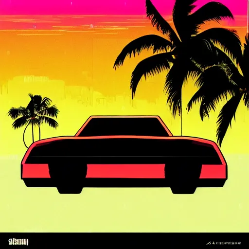 Prompt: retro box cover art of a synthwave car sitting in front of a sunset in miami, 8 0's vhs box cover art, retro, painting