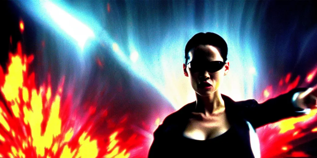 Prompt: neo from the matrix taking off sunglasses in the middle of an explosion