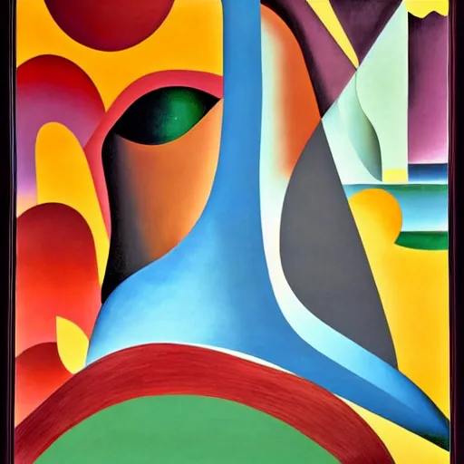 Image similar to woman as the natural landscape, her curves form the mountains and rivers of the land , high quality art in the style of cubism and georgia o’keefe,